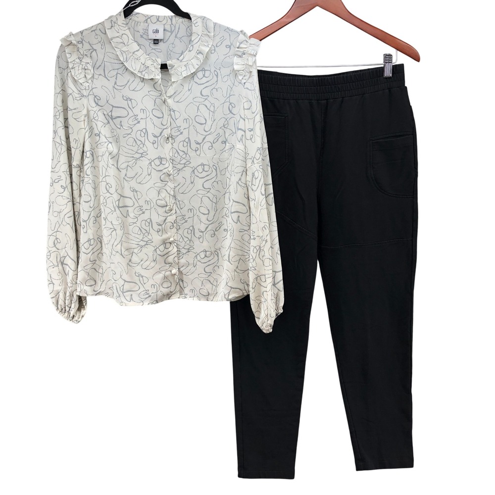 Cabi Blouse and Pants Set Outfit Womens Small White Black Scribble Ruffle Set